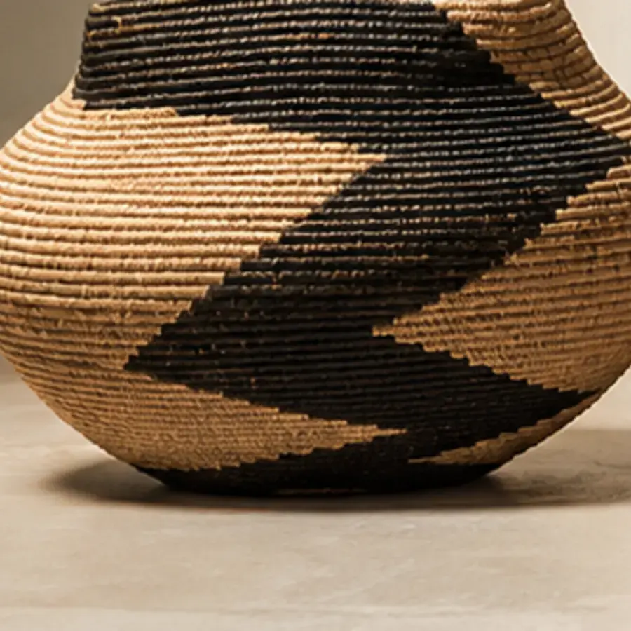 Panier Chevrons — Grand panier tressé à motif de chevrons noir et paille, à poser au sol ou sur une console.