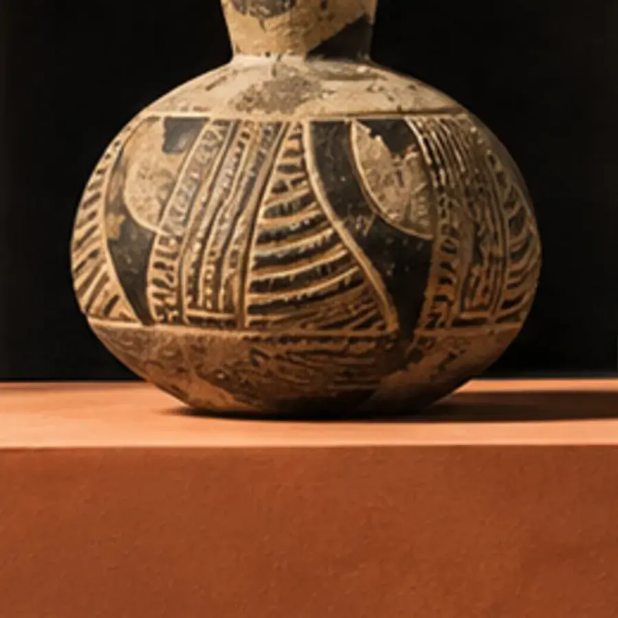 Pot à Motifs — Céramique ventrue à décor géométrique peint, col resserré et finition mate.